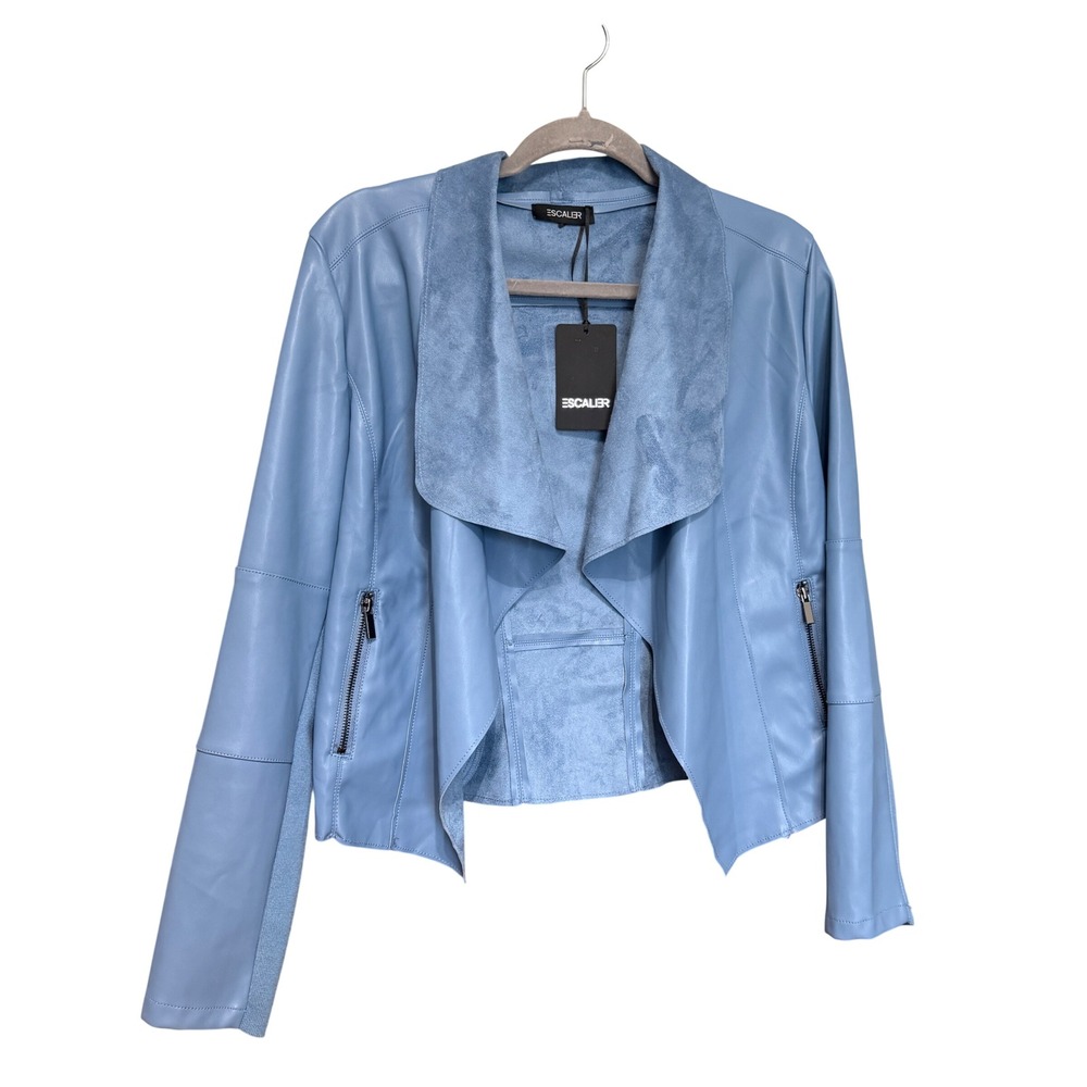 Escalier Faux Leather Jacket Draped Open Front NWT Blue Mixed Media Size L